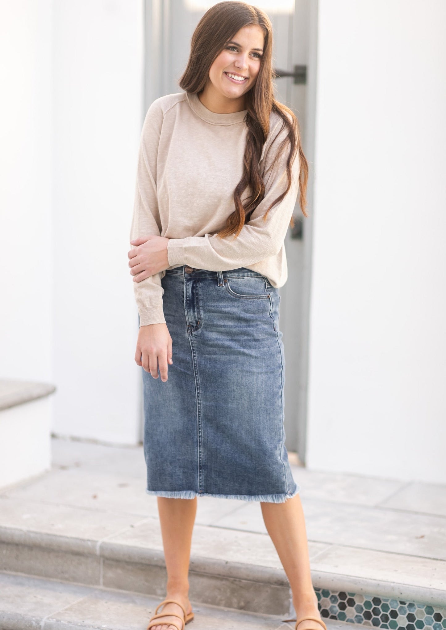 Coming Soon! Drew Raw Hem Midi Denim Skirt Skirts