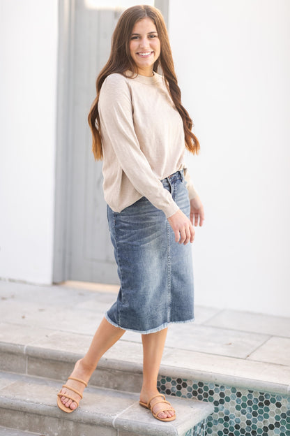 Coming Soon! Drew Raw Hem Midi Denim Skirt Skirts