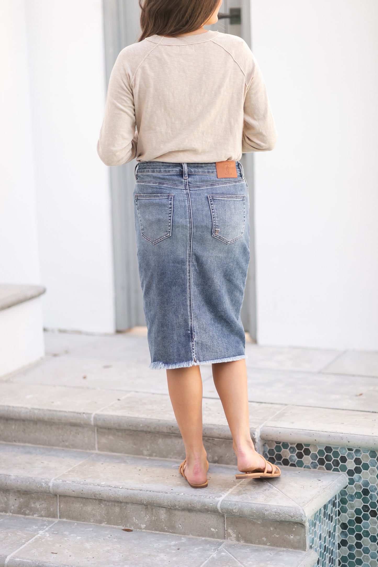 Coming Soon! Drew Raw Hem Midi Denim Skirt Skirts