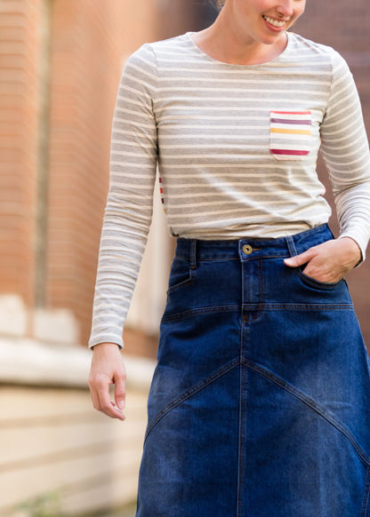 ladies long sleeve multi color striped contrast top