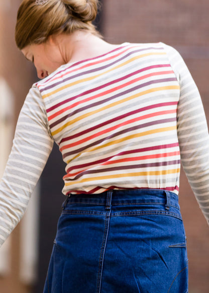 ladies long sleeve multi color striped contrast top