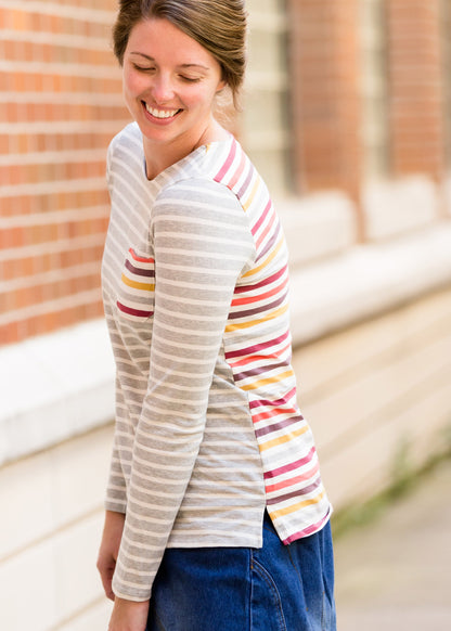 ladies long sleeve multi color striped contrast top