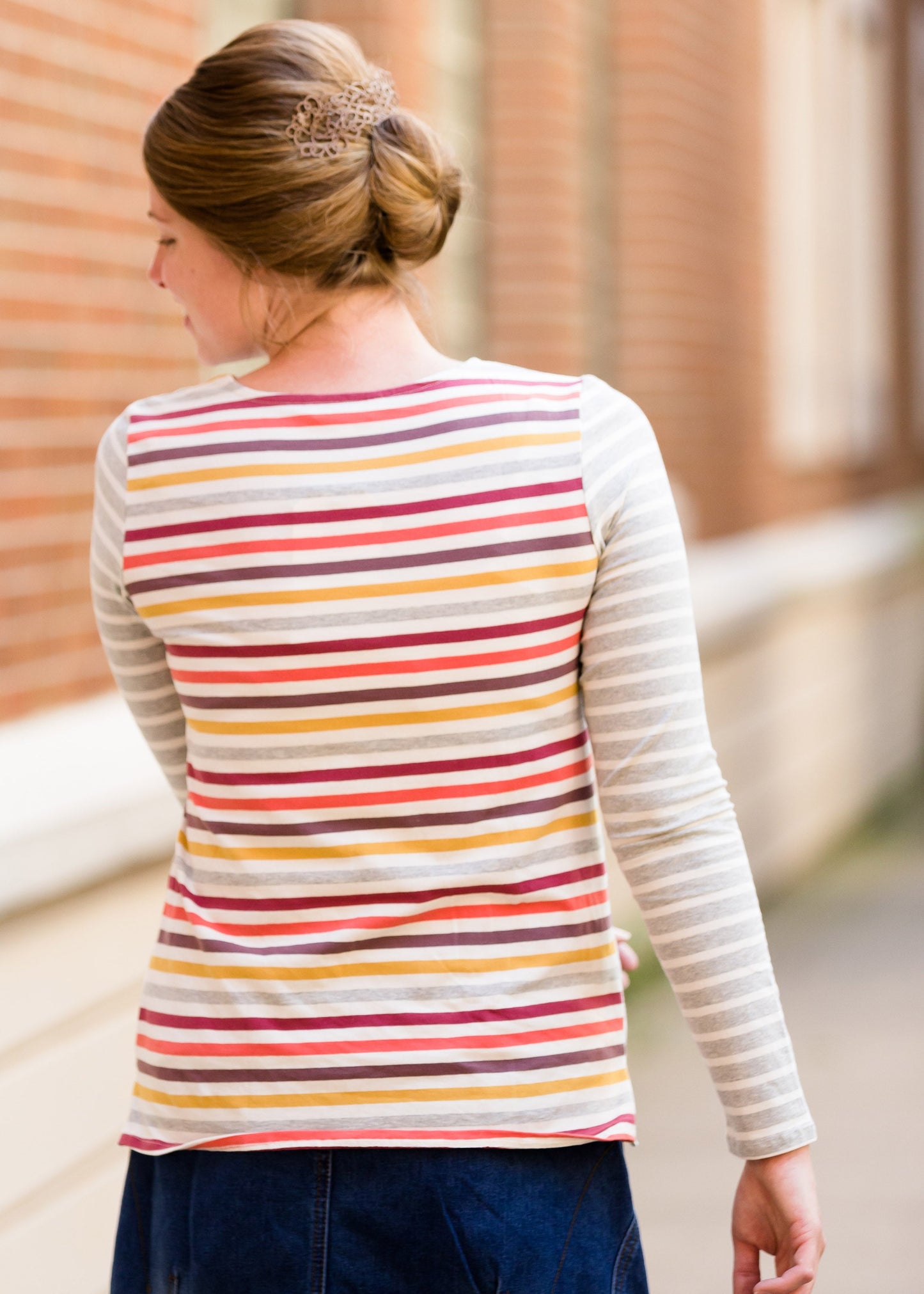 ladies long sleeve multi color striped contrast top