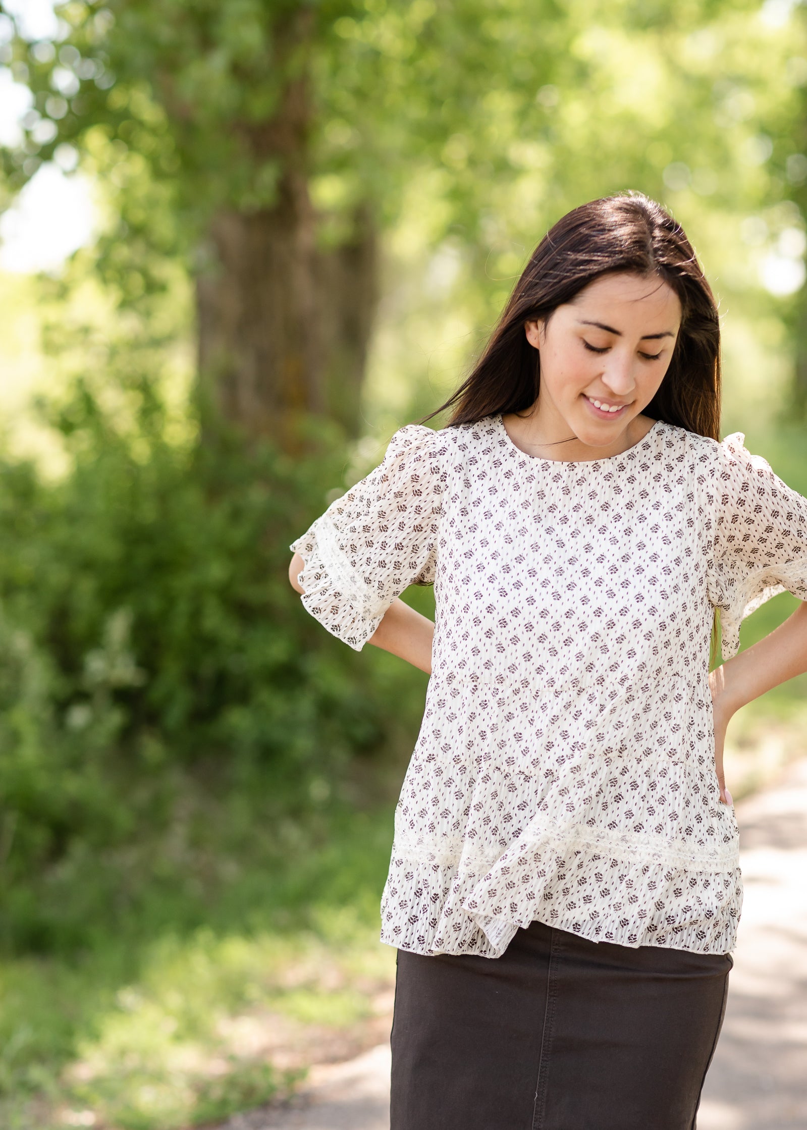 Cream Floral Print Lace Detail Top - FINAL SALE Tops