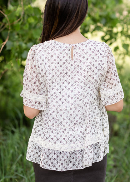 Cream Floral Print Lace Detail Top - FINAL SALE Tops