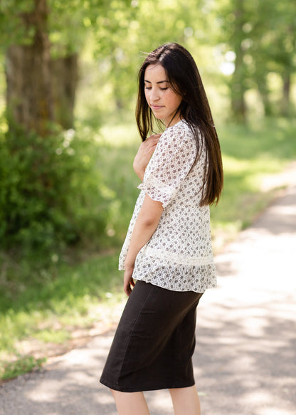 Cream Floral Print Lace Detail Top - FINAL SALE Tops