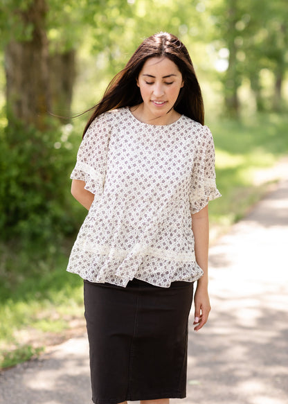 Cream Floral Print Lace Detail Top - FINAL SALE Tops