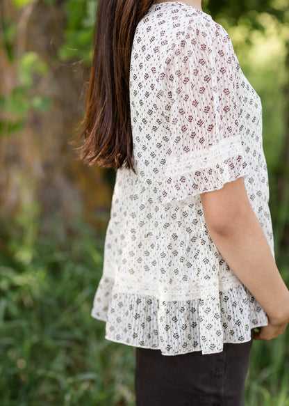 Cream Floral Print Lace Detail Top - FINAL SALE Tops