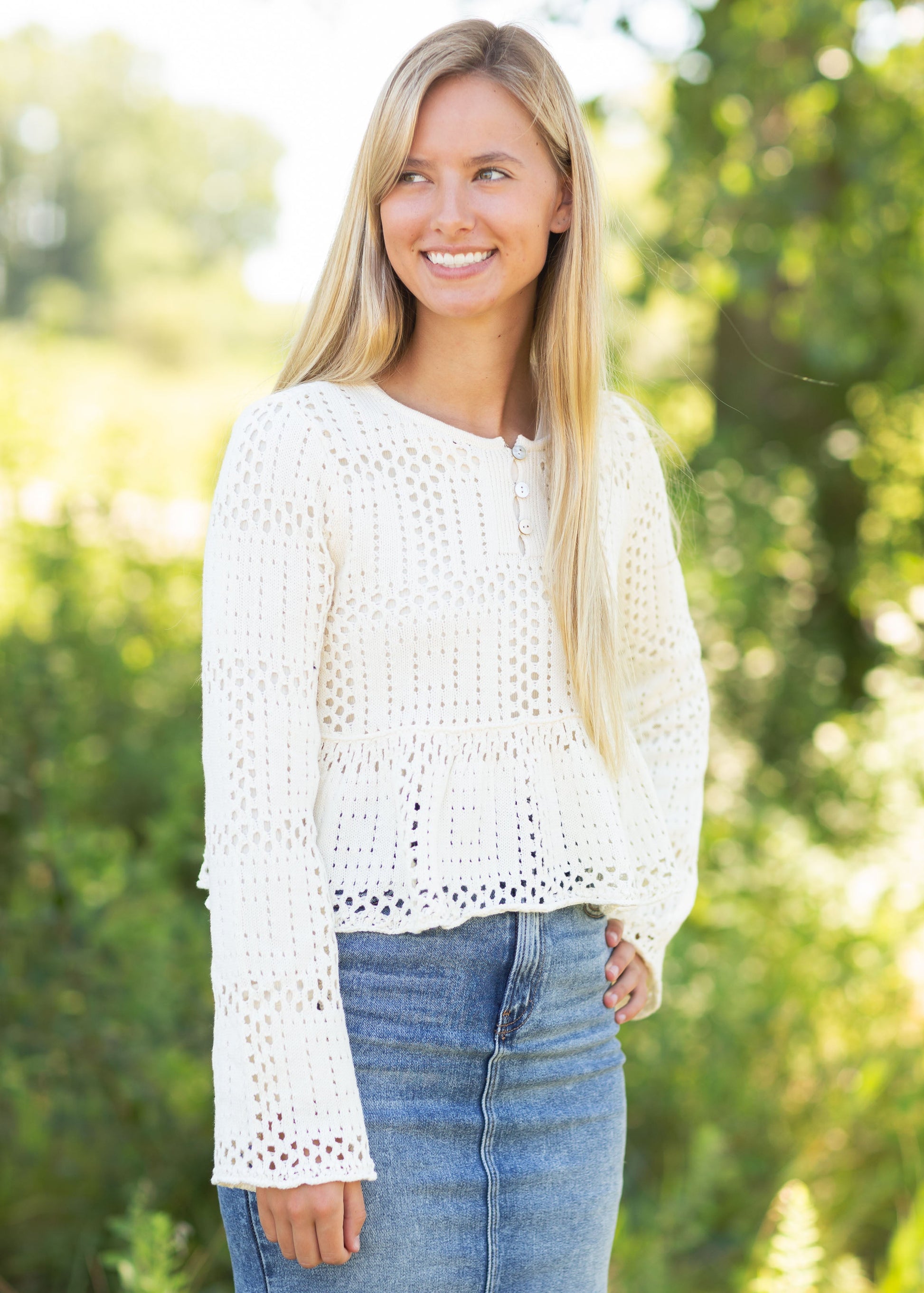 Cream Peplum Long Sleeve Sweater Tops