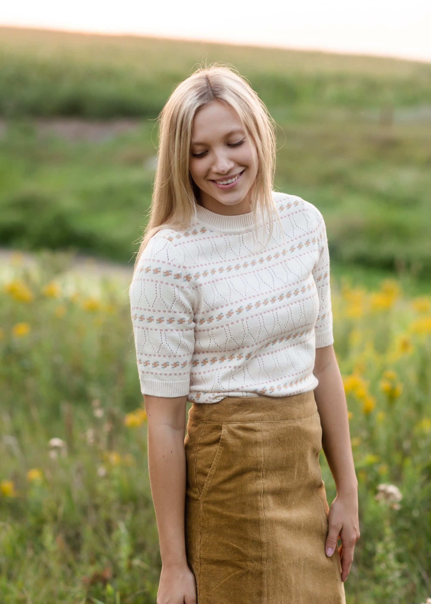 Cream Textured Short Sleeve Sweater Tops Polygram