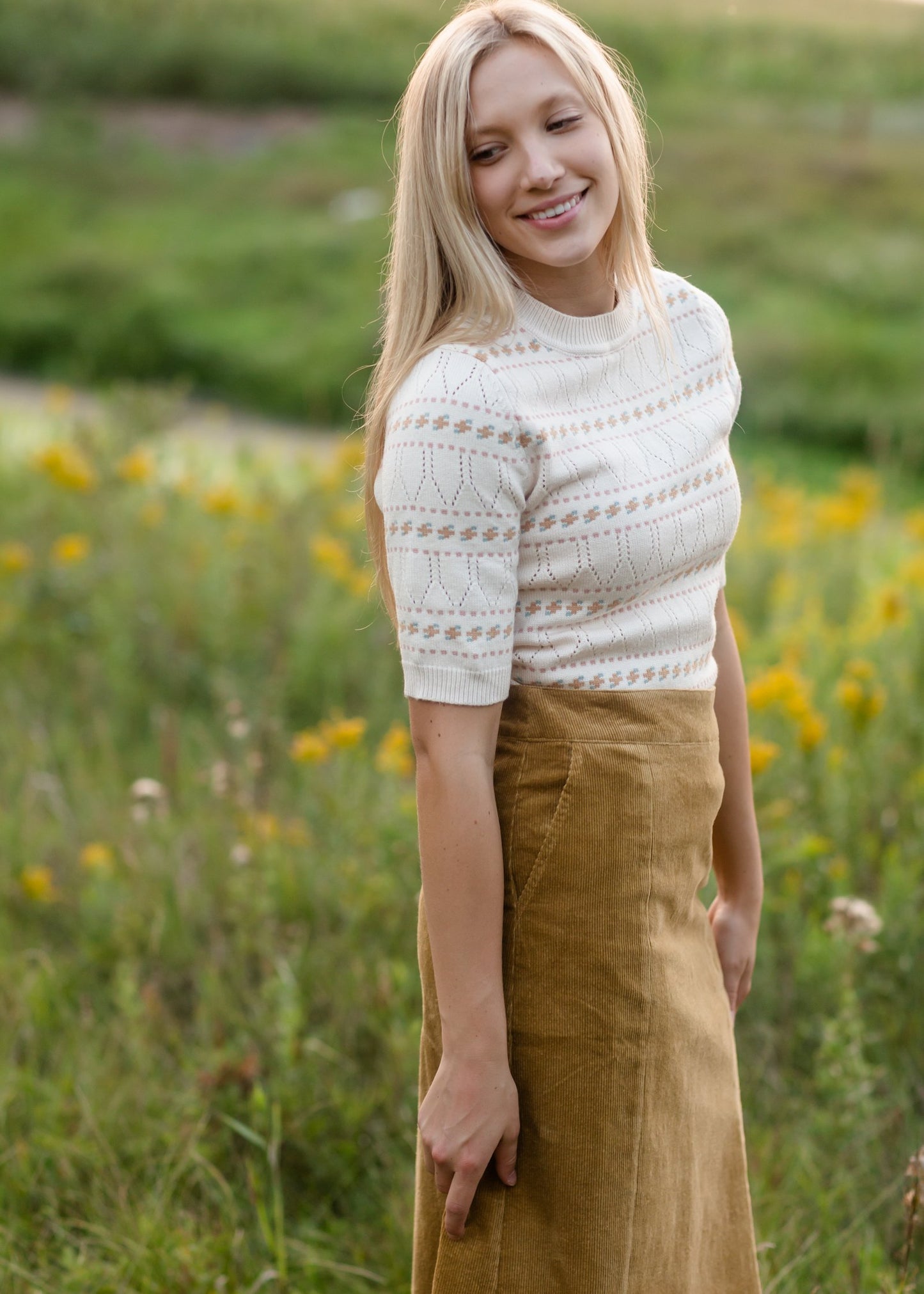 Cream Textured Short Sleeve Sweater Tops Polygram