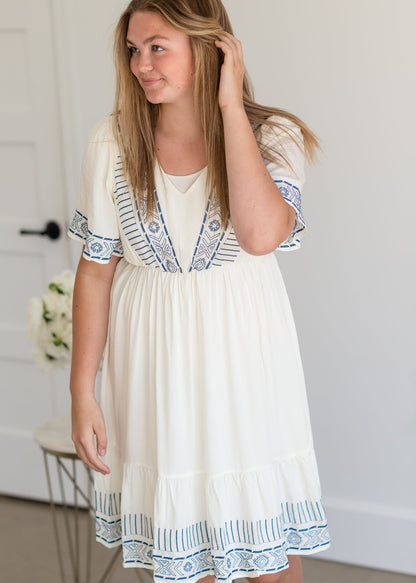 Cream V-Neck Embroidered Dress - FINAL SALE Dresses