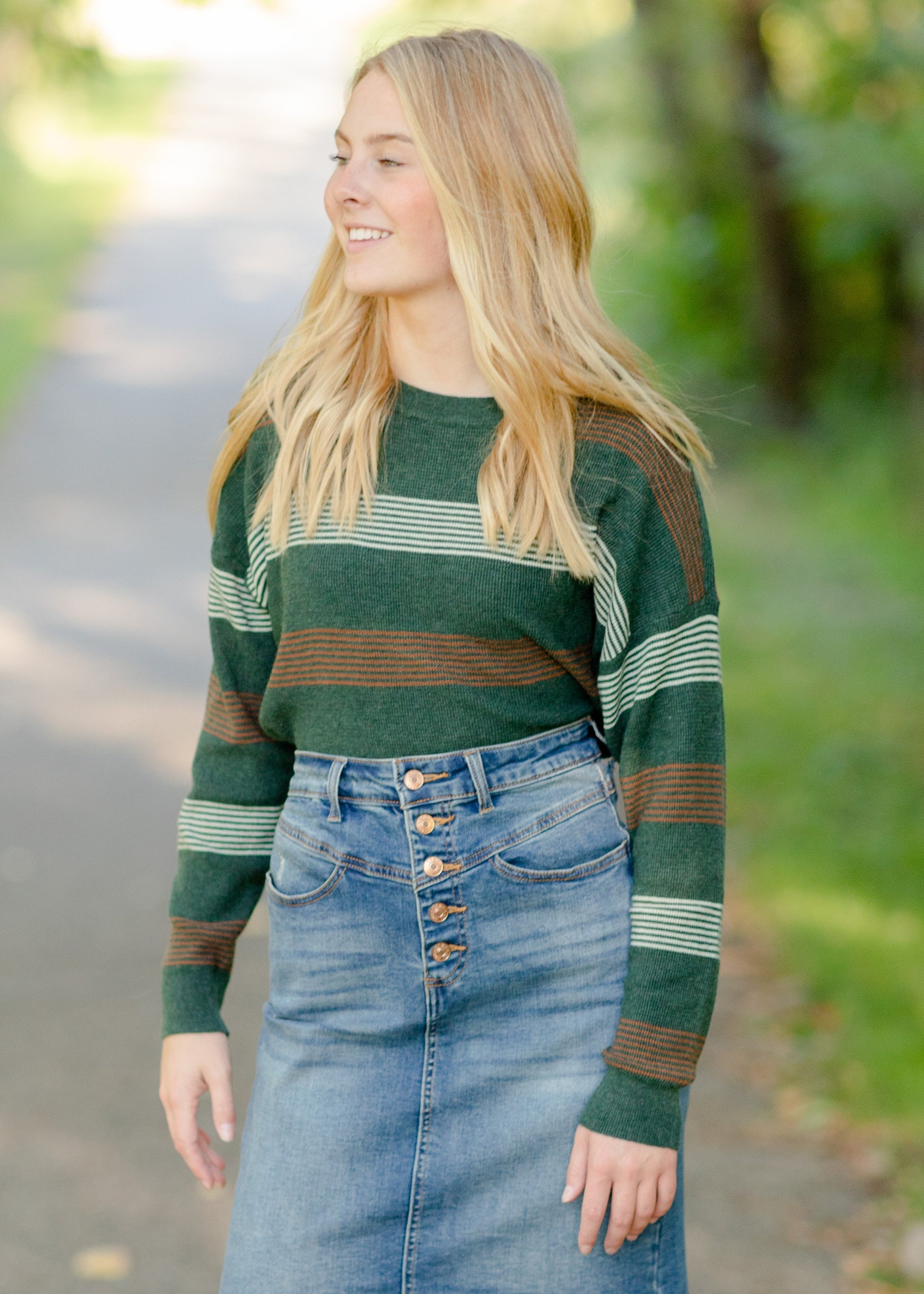 Crew Neck Striped Drop Shoulder Sweater Tops Thread & Supply