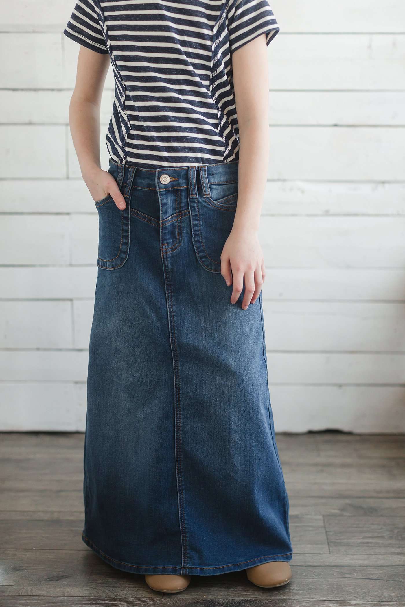 navy and white or pink and white striped girls short sleeve tee with raw edge front.