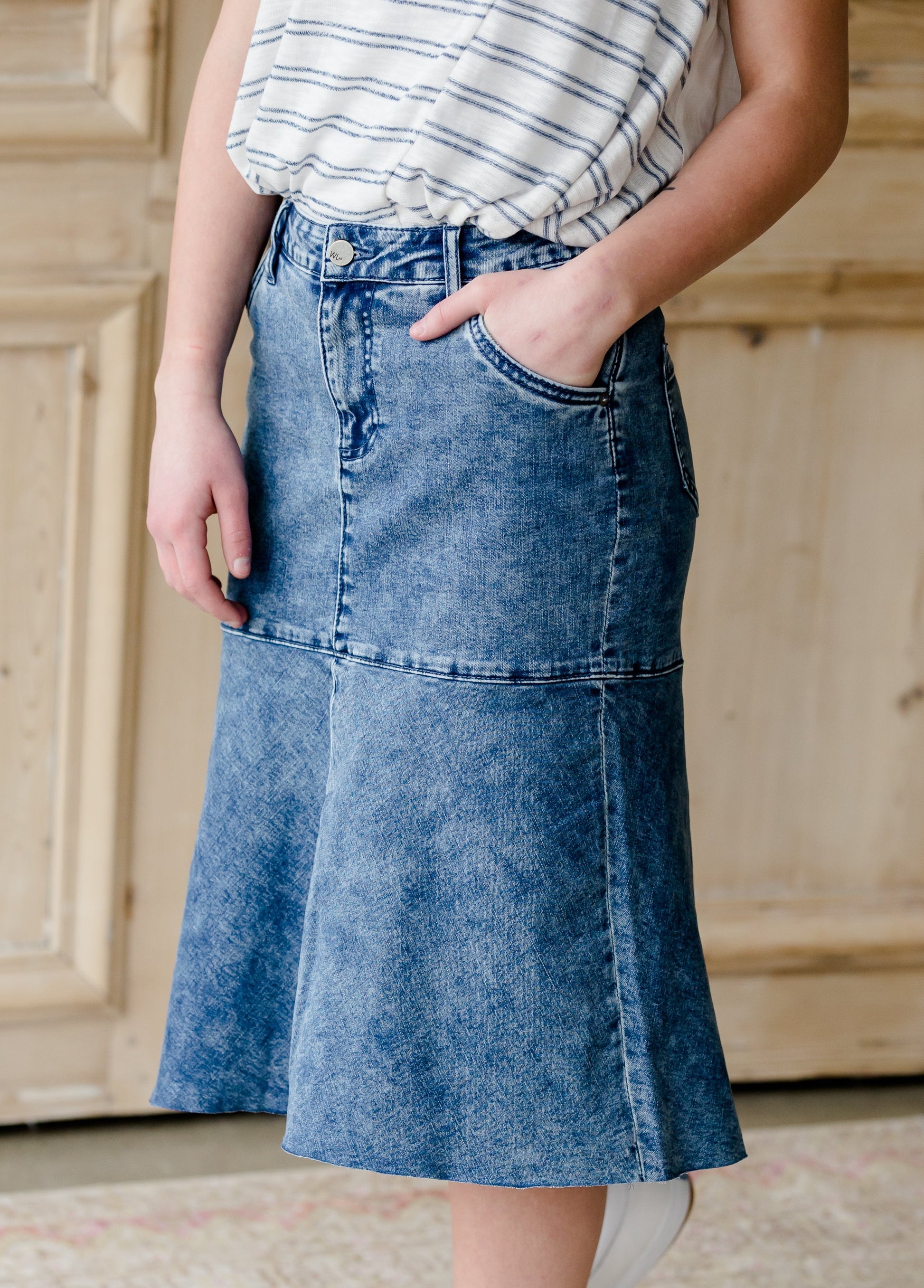 Crushed Denim Fringe Hem Midi Skirt - FINAL SALE Skirts