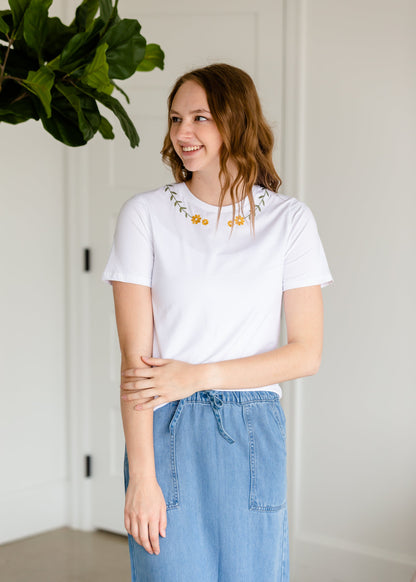 Dainty Floral Embroidered Tee Shirt - FINAL SALE Tops