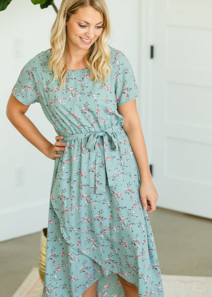 Dainty Floral Sage Waist Tie Midi Dress - FINAL SALE Dresses