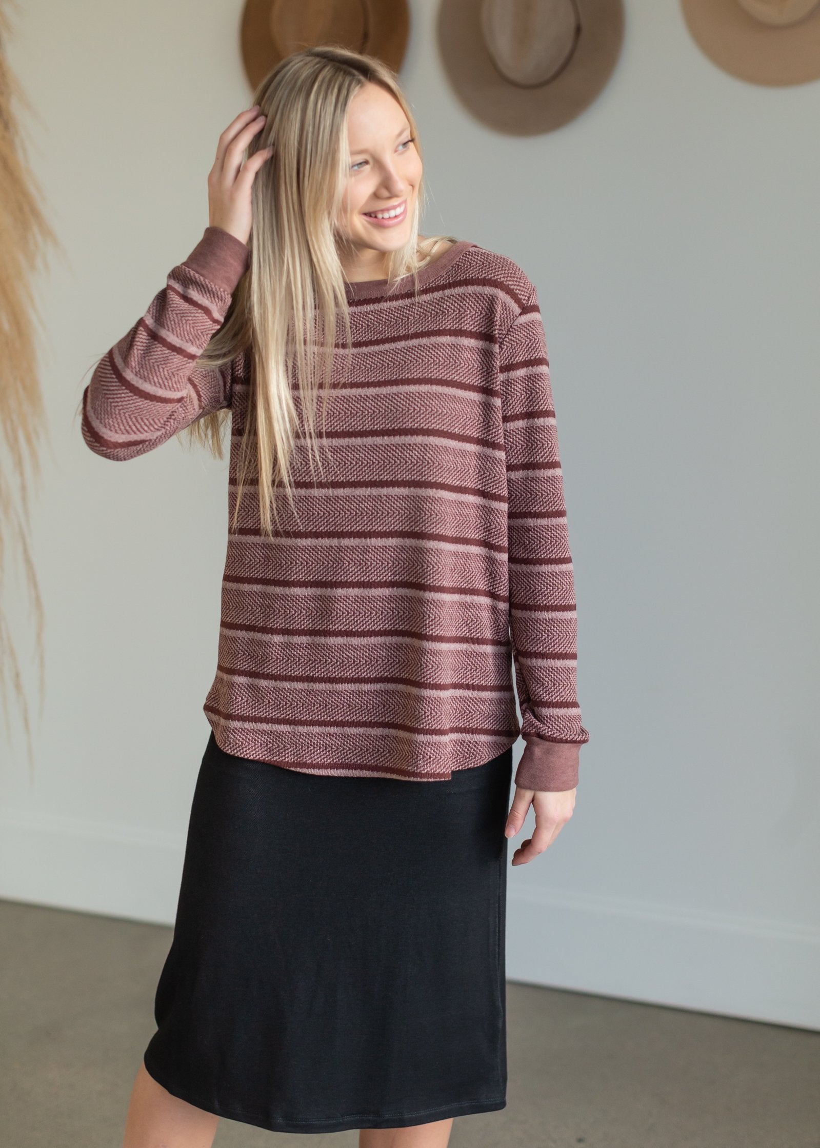 Dark Mauve Round Neck Herringbone Top Tops Staccato