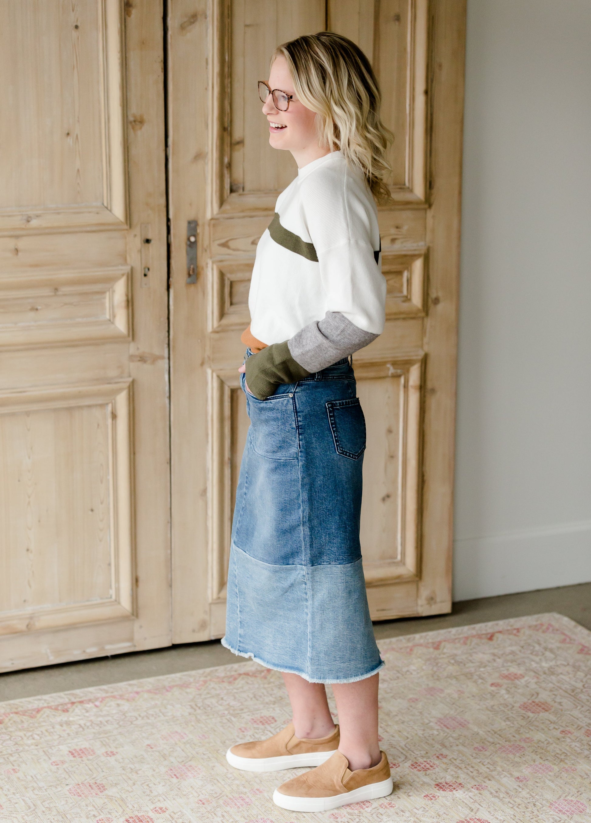 Denim Blocked Midi Jean Skirt - FINAL SALE Skirts