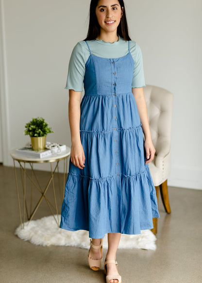 Denim Button Front Tiered Midi Dress - FINAL SALE Dresses