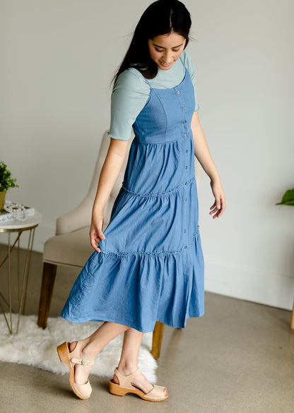 Denim Button Front Tiered Midi Dress - FINAL SALE Dresses