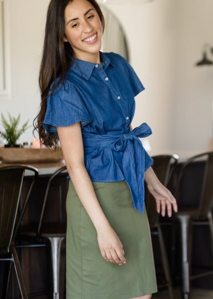 Denim Flutter Sleeve Front Tie Shirt - FINAL SALE Tops