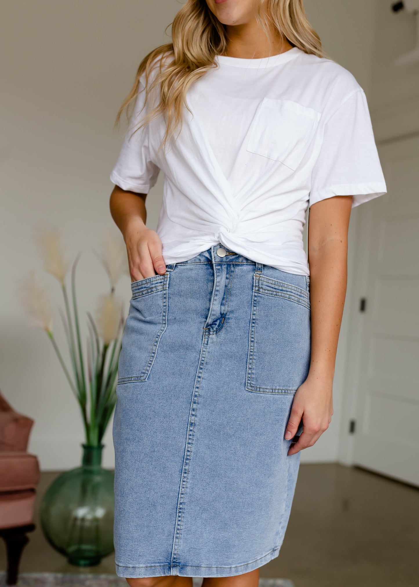 Denim High Waisted Square Pocket Skirt Skirts