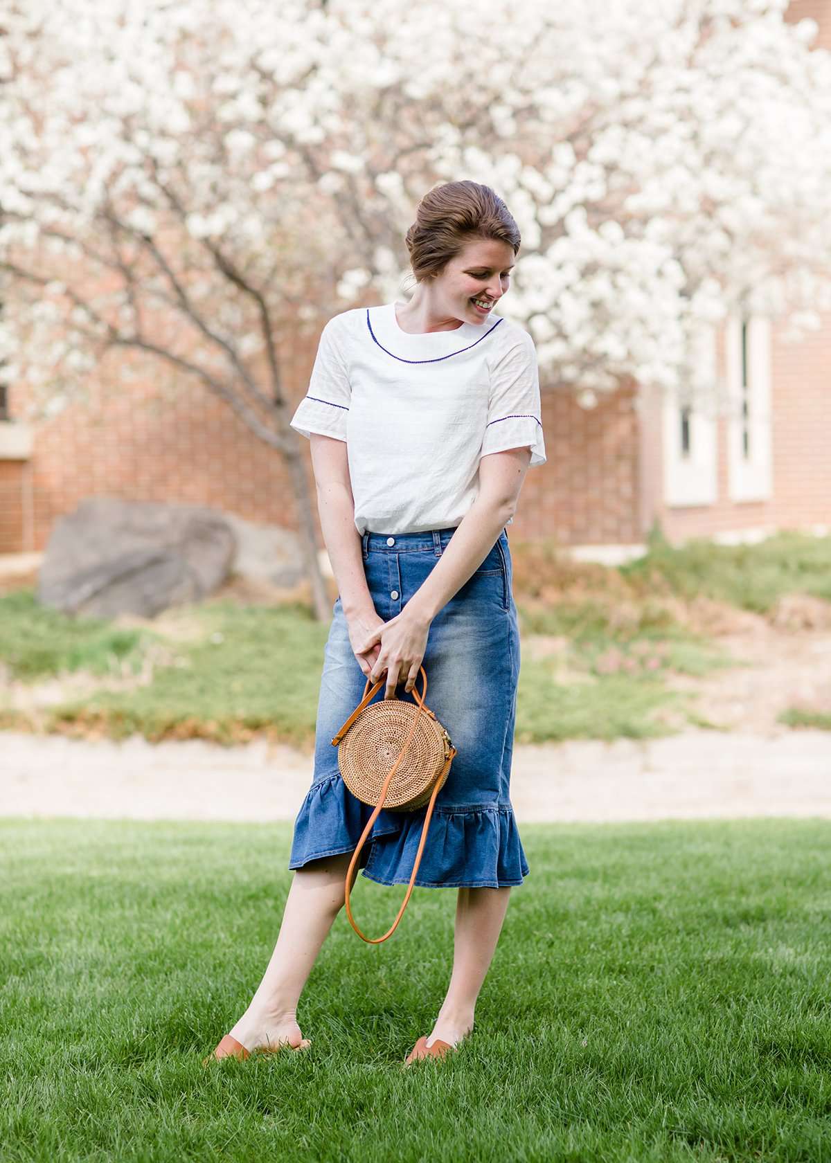 denim ruffle midi jean skirt