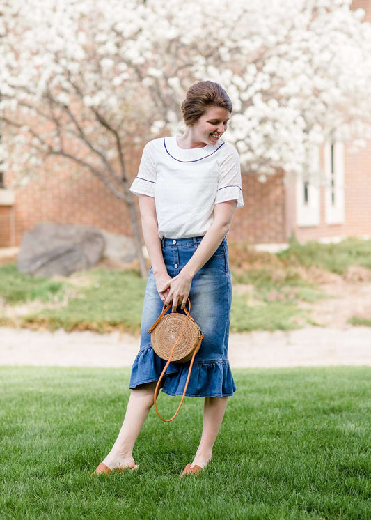 denim ruffle midi jean skirt