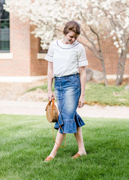 denim ruffle midi jean skirt