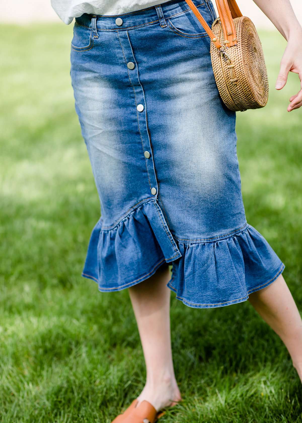 denim ruffle midi jean skirt