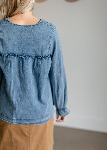 Denim V-Neck Long Sleeve Top Tops Entro