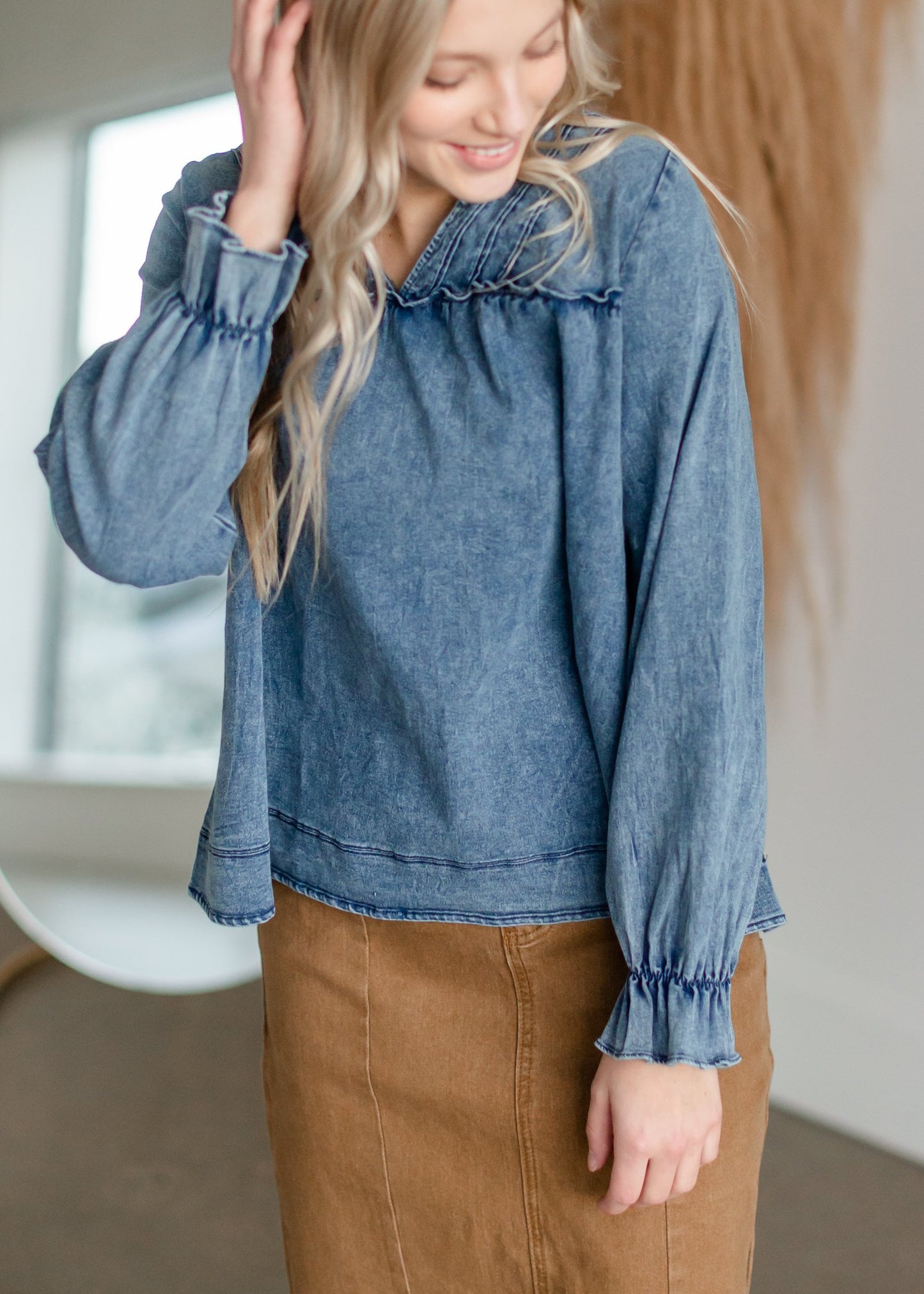 Denim V-Neck Long Sleeve Top Tops Entro