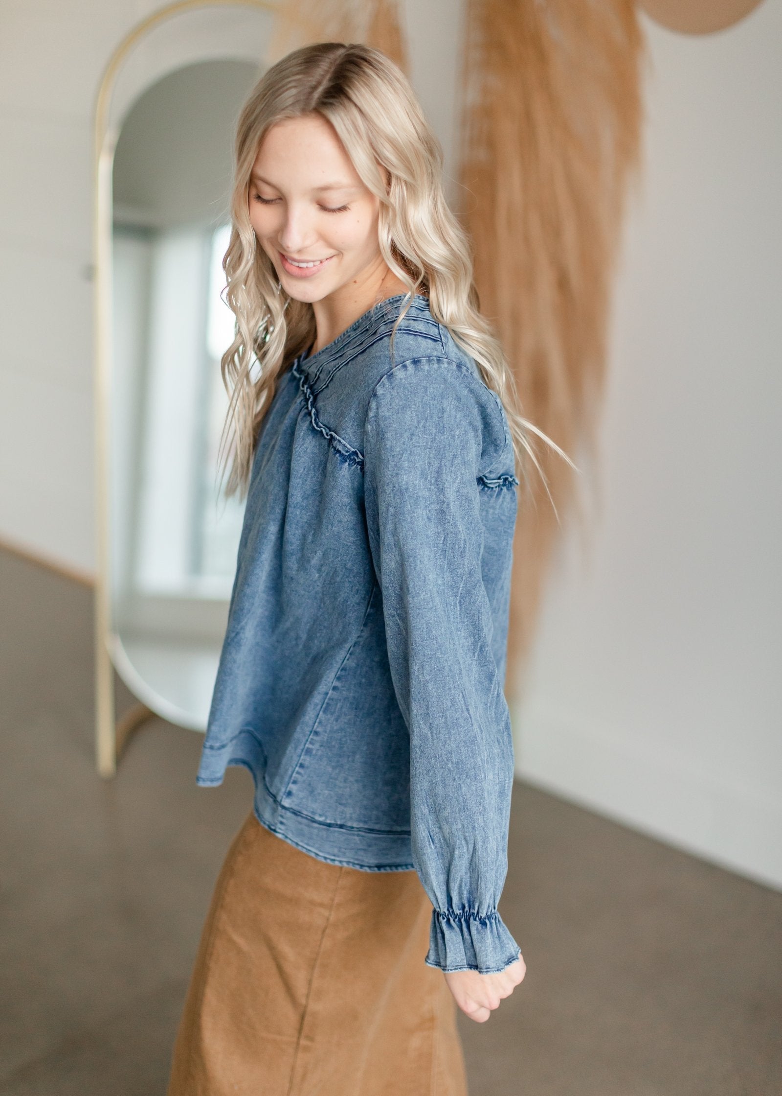 Denim V-Neck Long Sleeve Top Tops Entro