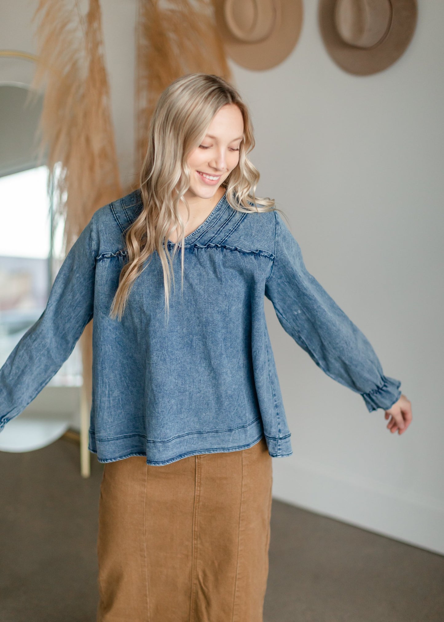 Denim V-Neck Long Sleeve Top Tops Entro S