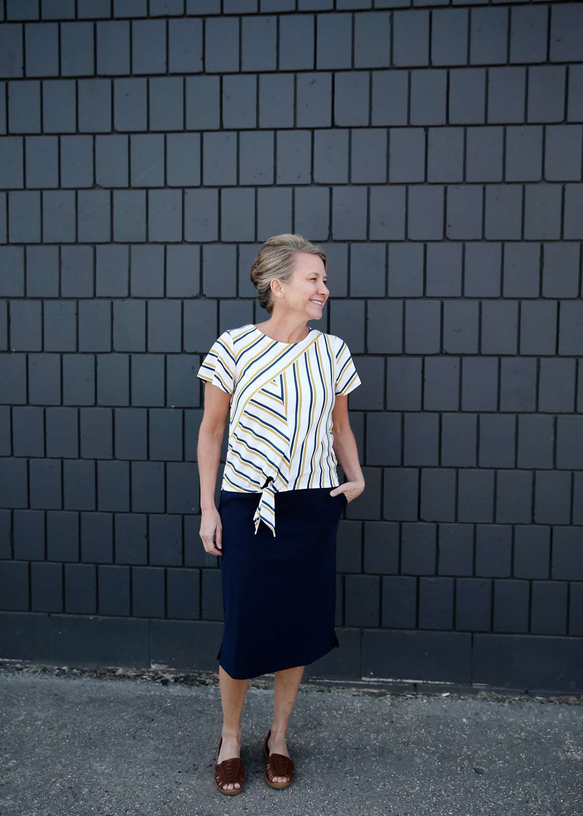 blue and yellow striped tie front top