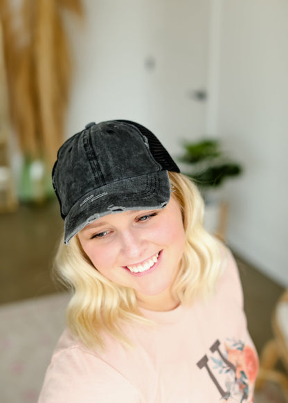 Distressed Messy Bun Hat - FINAL SALE Accessories