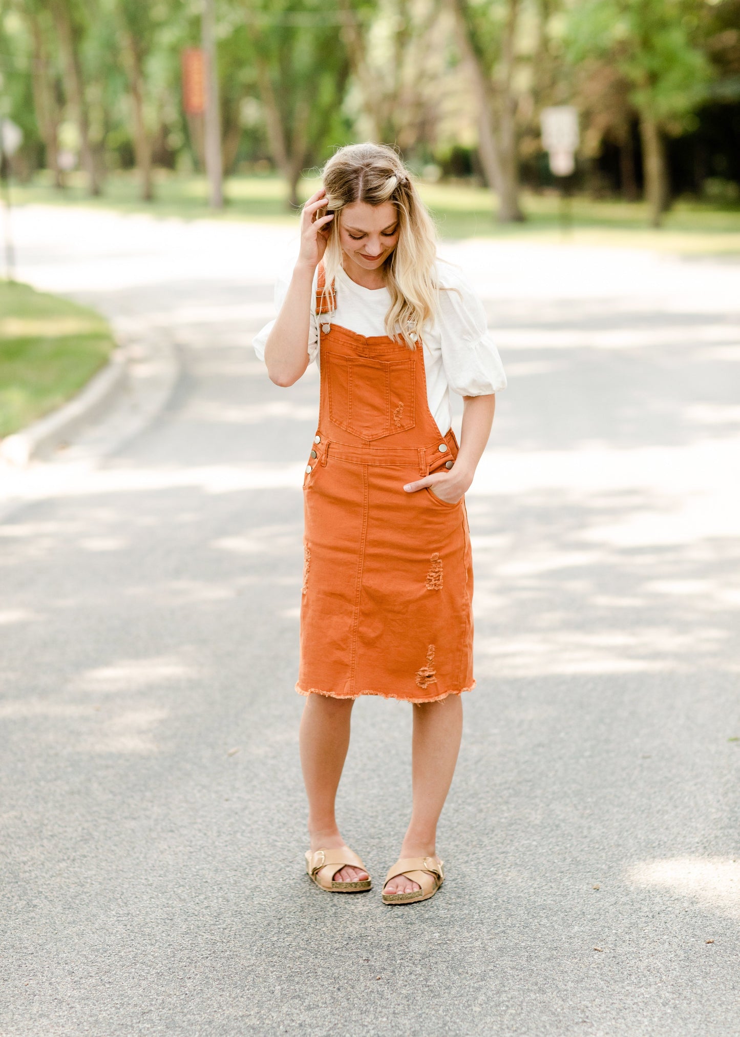 Distressed Orange Overall Midi Dress Dresses