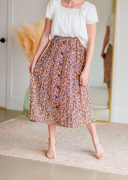 Ditsy Print Button Front Pleated Midi Skirt Skirts Hayden Los Angeles