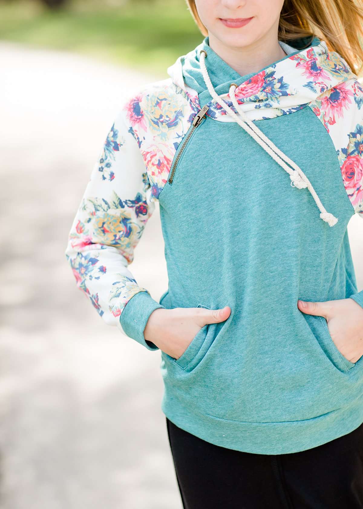 teal and floral doublehood girls sweatshirt