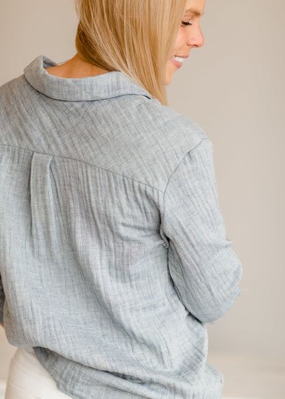 Dusty Blue Button Up Top - FINAL SALE Tops