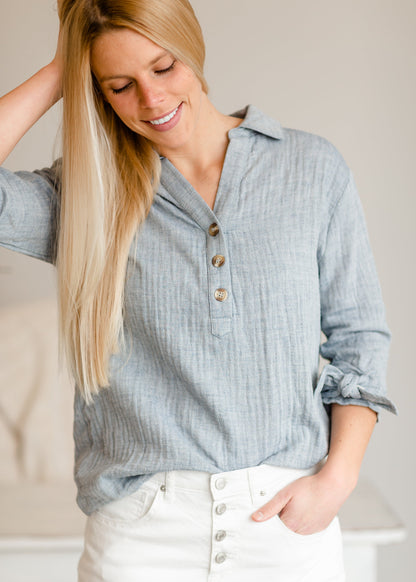 Dusty Blue Button Up Top - FINAL SALE Tops