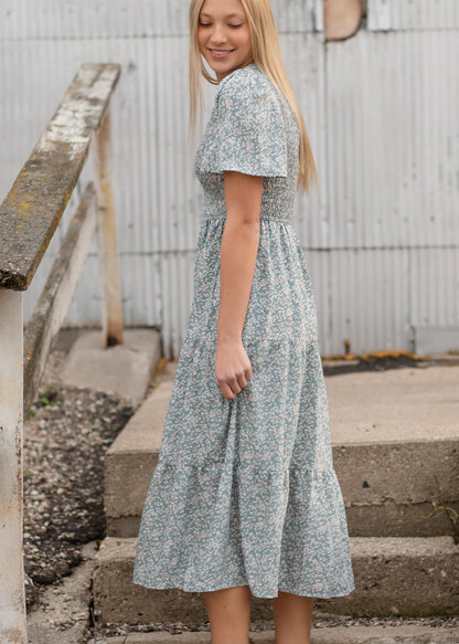 Dusty Blue Smocked V-Neck Tiered Midi Dress Dresses Polagram + BaeVely