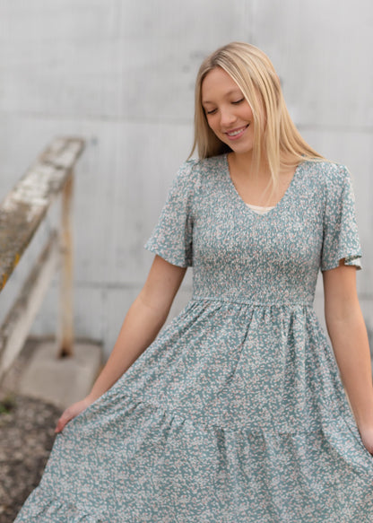 Dusty Blue Smocked V-Neck Tiered Midi Dress Dresses Polagram + BaeVely