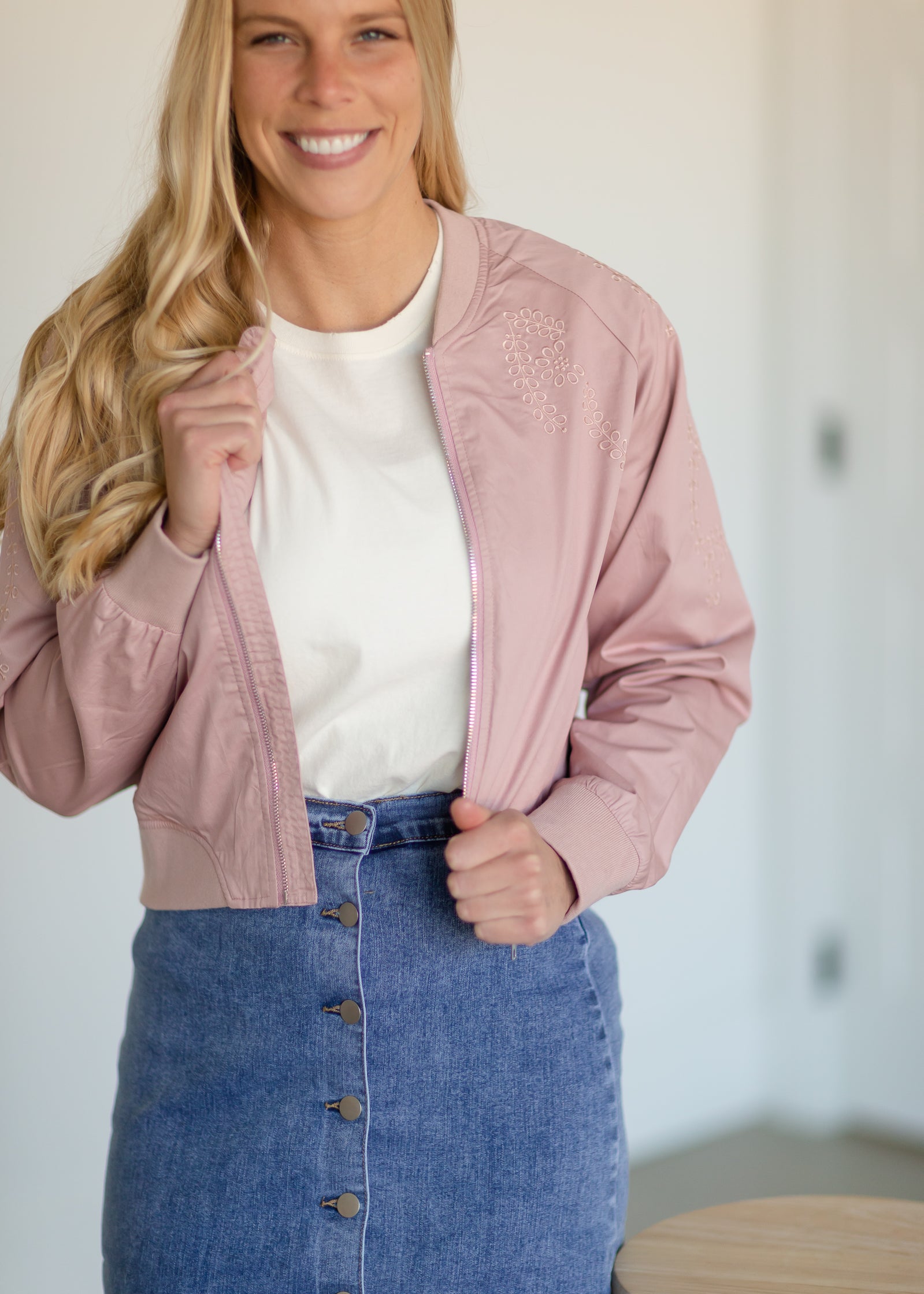 Dusty Pink Vine Bomber Jacket - FINAL SALE Tops