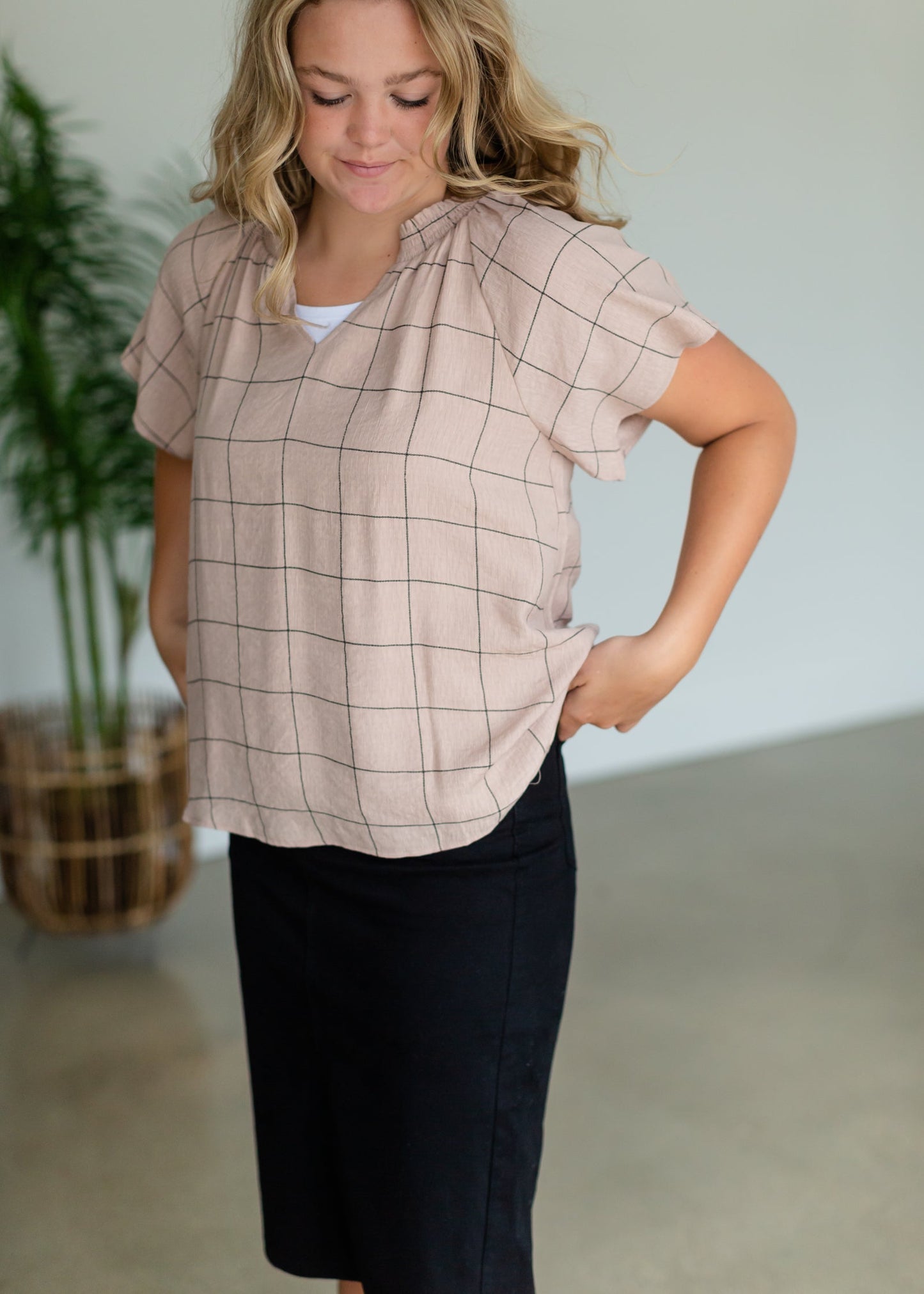 Dusty Pink Windowpane Smocked Neck Top - FINAL SALE Tops