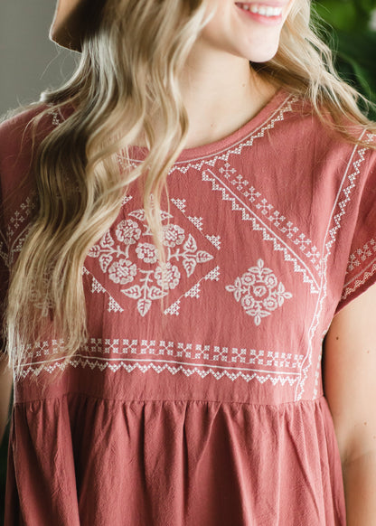 Dusty Rose Embroidered Midi Dress Dresses