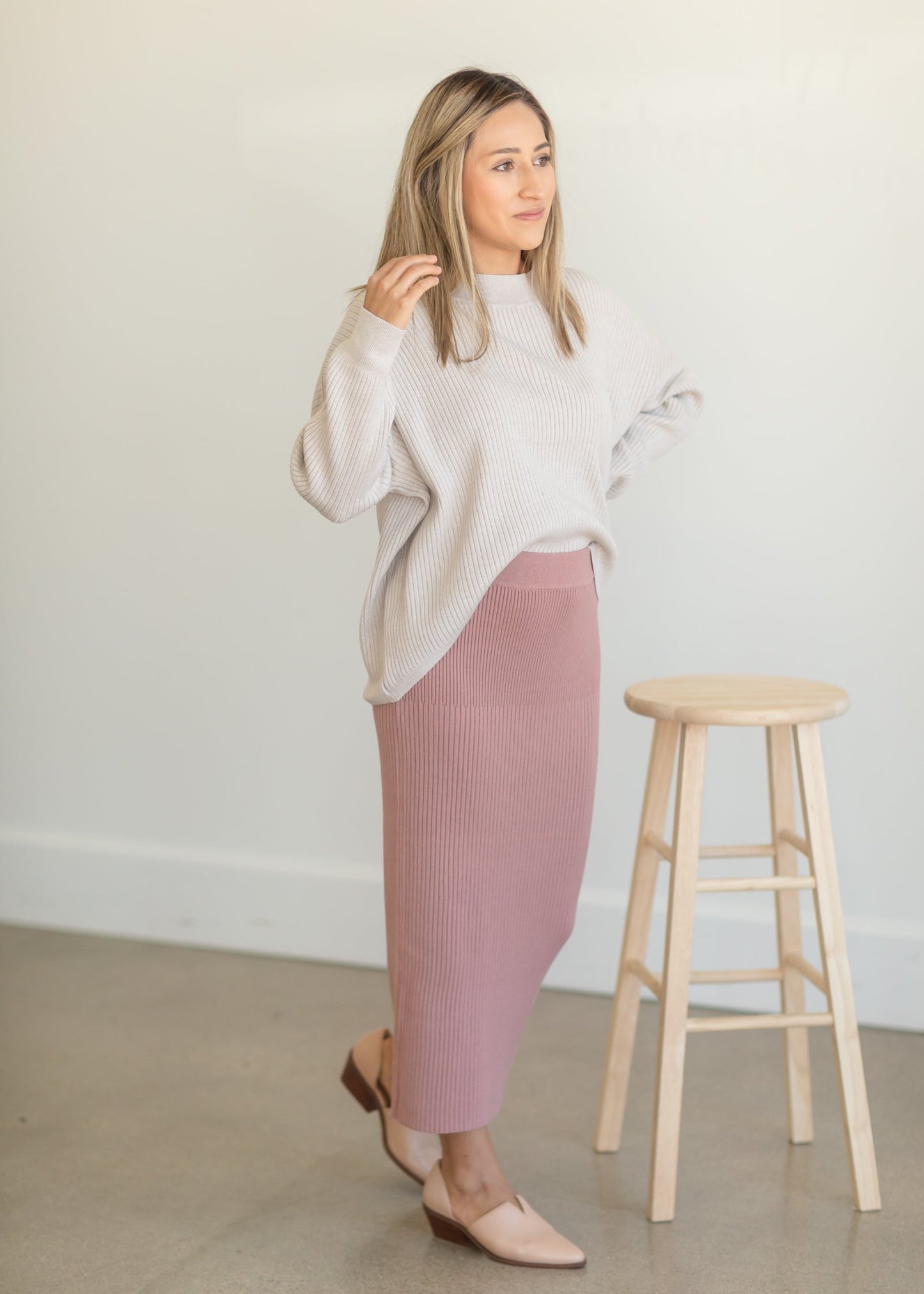 Dusty Rose Ribbed Sweater Midi Skirt Skirts Tea & Rose