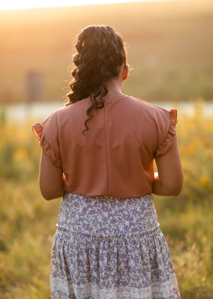 Dusty Rust Flutter Sleeve Round Neck Top - FINAL SALE