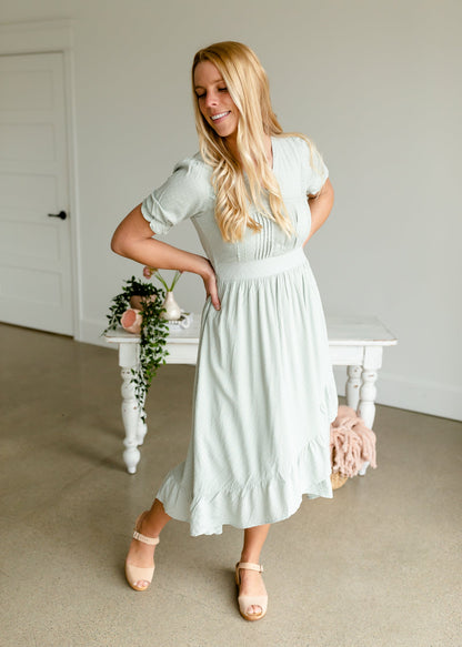 Dusty Sage V-Neck Ruffled Hem Midi Dress Dresses